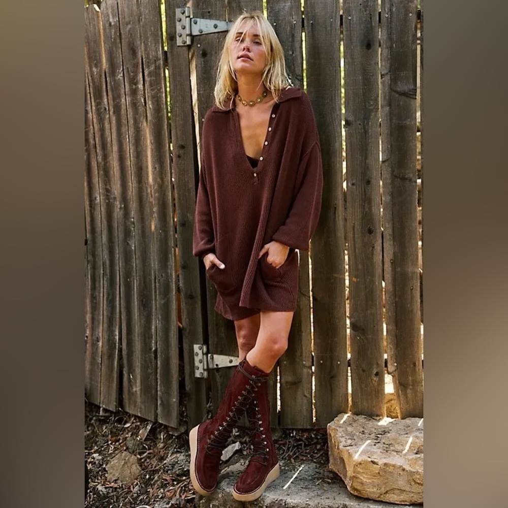 Free People Beach Picnic Sweater Mini Dress Chocolate Lava Brown Small C16